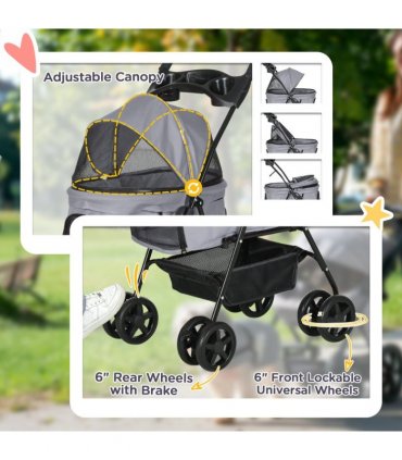 Pet Stroller No-Zip Foldable Travel Carriage with Brake Basket Adjustable Canopy