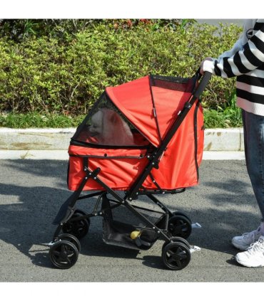 Pet Stroller Oxford Cloth Red 76.5L x 52W x 95H cm Mesh Window Canopy