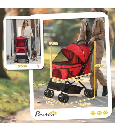 Pet Stroller Oxford Cloth Red 76.5L x 52W x 95H cm Mesh Window Canopy
