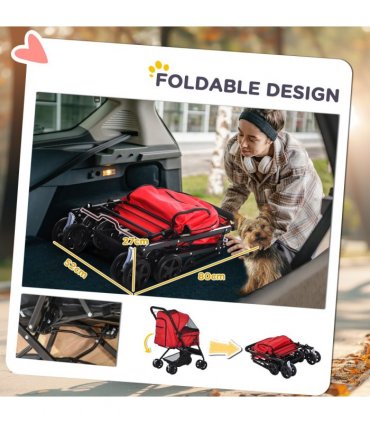 Pet Stroller Oxford Cloth Red 76.5L x 52W x 95H cm Mesh Window Canopy