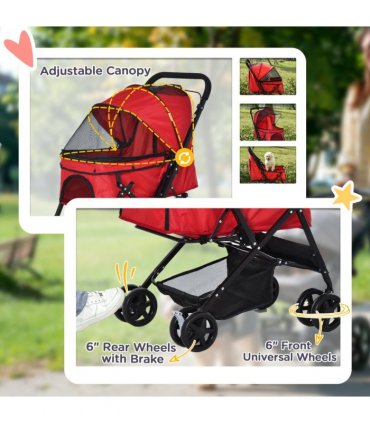 Pet Stroller Oxford Cloth Red 76.5L x 52W x 95H cm Mesh Window Canopy