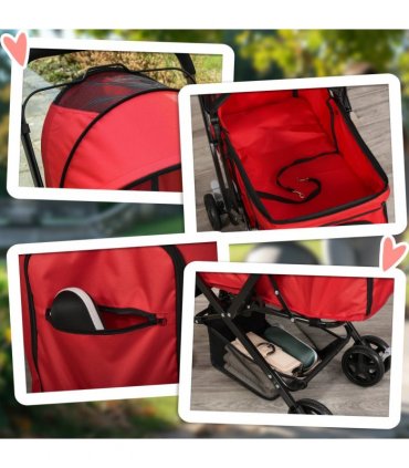 Pet Stroller Oxford Cloth Red 76.5L x 52W x 95H cm Mesh Window Canopy