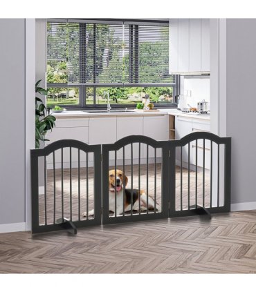 3 Panels Dog Gate w/ Support Feet Fence Safety Barrier Freestanding Wood Black