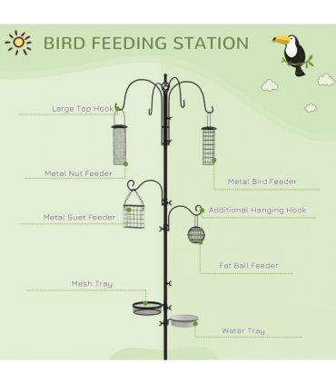 Bird Feeding Station Kit Wild Bird Feeder Pole w/ 6 Hooks 4 Hanging Feeders