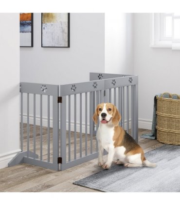 Freestanding Pet Gate 4 Panel Folding Wooden Dog Barrier  w/ Support Feet