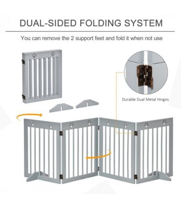 Freestanding Pet Gate 4 Panel Folding Wooden Dog Barrier  w/ Support Feet