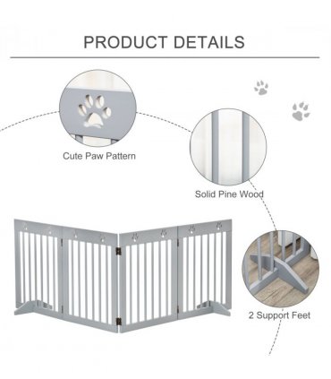 Freestanding Pet Gate 4 Panel Folding Wooden Dog Barrier  w/ Support Feet
