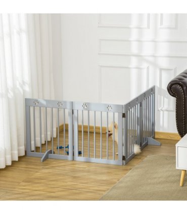 Freestanding Pet Gate 4 Panel Folding Wooden Dog Barrier  w/ Support Feet