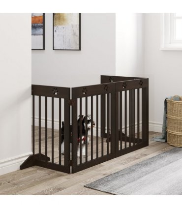 Freestanding Pet Gate 4 Panel Folding Wooden Dog Barrier  w/ Support Feet