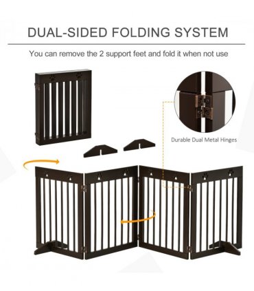 Freestanding Pet Gate 4 Panel Folding Wooden Dog Barrier  w/ Support Feet
