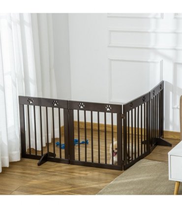 Freestanding Pet Gate 4 Panel Folding Wooden Dog Barrier  w/ Support Feet