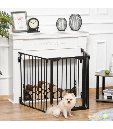 Pet Gate 3-Panel Dog Playpen for Indoor Stair Barrier W/ Walk Through Door Black