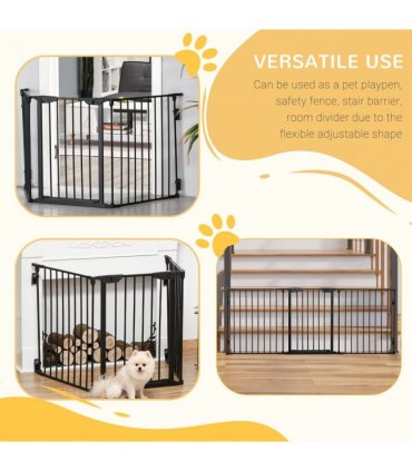 Pet Gate 3-Panel Dog Playpen for Indoor Stair Barrier W/ Walk Through Door Black