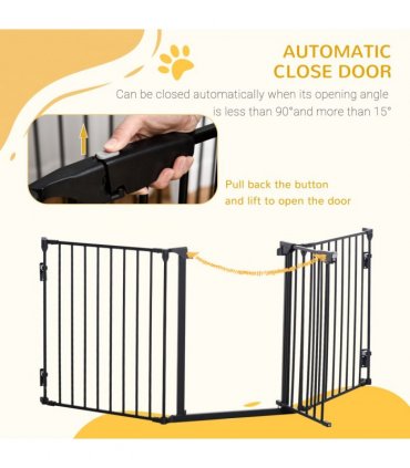 Pet Gate 3-Panel Dog Playpen for Indoor Stair Barrier W/ Walk Through Door Black