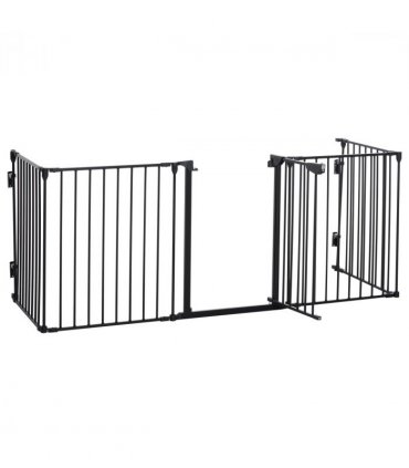 Pet Gate 5-Panel Dog Playpen for Indoor Stair Barrier W/ Walk Through Door Black