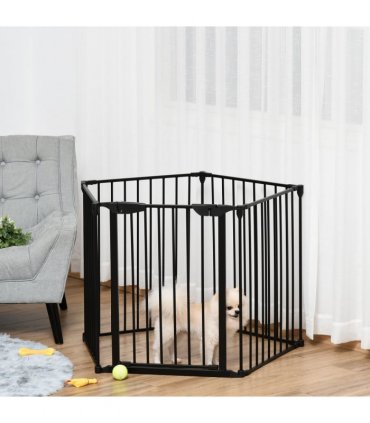 Pet Gate 5-Panel Dog Playpen for Indoor Stair Barrier W/ Walk Through Door Black