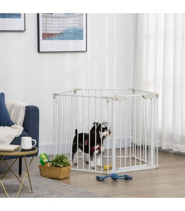 Pet Gate 5-Panel Dog Playpen for Indoor Stair Barrier W/ Walk Through Door White