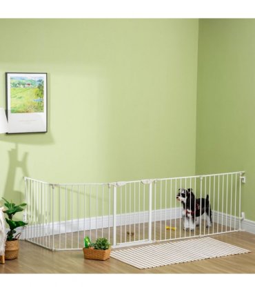 Pet Gate 5-Panel Dog Playpen for Indoor Stair Barrier W/ Walk Through Door White
