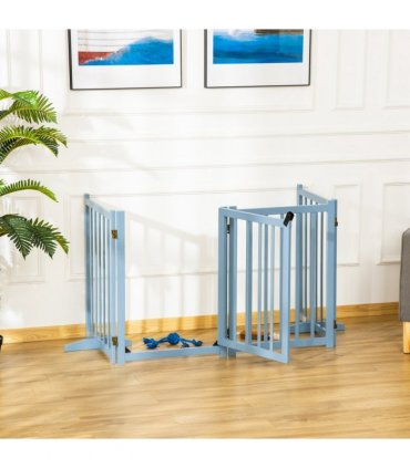 Wooden Foldable Dog Safety Barrier w/ 4 Panels for Small&Medium Dogs Blue Grey