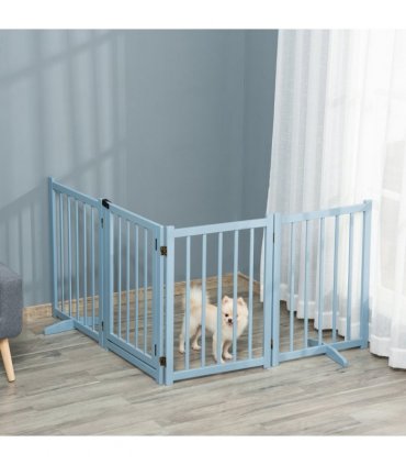 Wooden Foldable Dog Safety Barrier w/ 4 Panels for Small&Medium Dogs Blue Grey