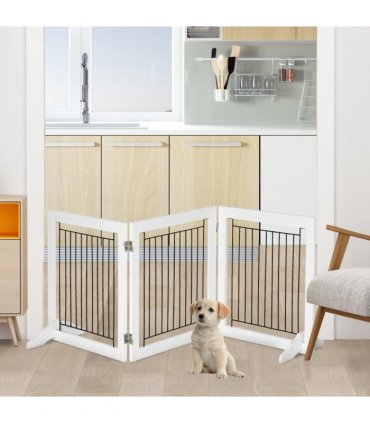 Foldable Dog Gate Freestanding Wooden Pet Barrier w/ 3 Panels, 2 Support Feet