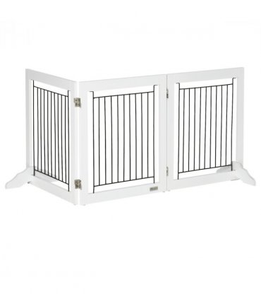 Foldable Dog Gate Freestanding Wooden Pet Barrier w/ 3 Panels, 2 Support Feet