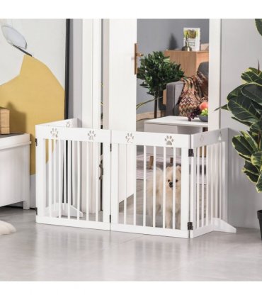 Freestanding Pet Gate 4 Panel Folding Wooden Dog Barrier w/ Support Feet