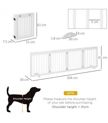 Freestanding Pet Gate 4 Panel Folding Wooden Dog Barrier w/ Support Feet