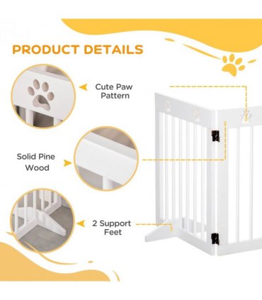 Freestanding Pet Gate 4 Panel Folding Wooden Dog Barrier w/ Support Feet