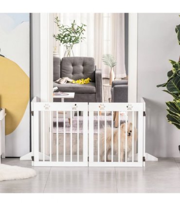 Freestanding Pet Gate 4 Panel Folding Wooden Dog Barrier w/ Support Feet