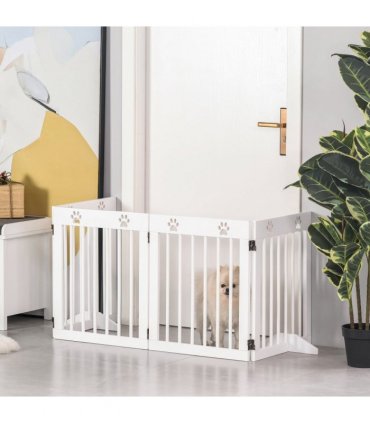 Freestanding Pet Gate 4 Panel Folding Wooden Dog Barrier w/ Support Feet