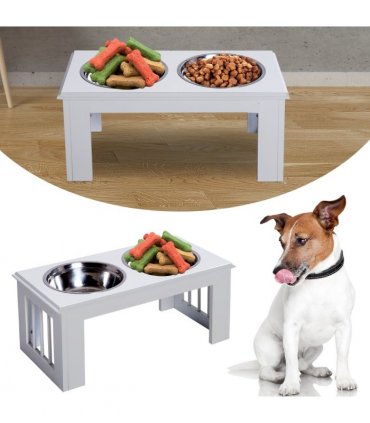 Raised Pet Feeder Elevated Double Staninless Steel Bowls Stand Water White