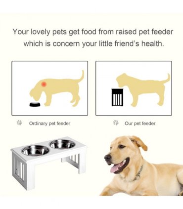 Raised Pet Feeder Elevated Double Staninless Steel Bowls Stand Water White