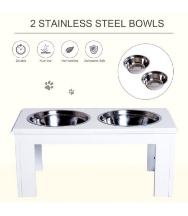 Raised Pet Feeder Elevated Double Staninless Steel Bowls Stand Water White