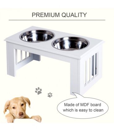 Raised Pet Feeder Elevated Double Staninless Steel Bowls Stand Water White