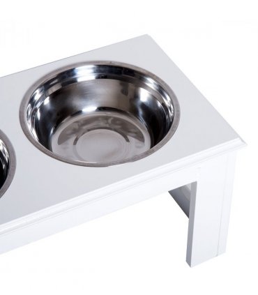 Raised Pet Feeder Elevated Double Staninless Steel Bowls Stand Water White