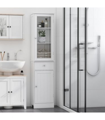 Bathroom Storage Cabinet White 40cmx27cmx171.5cm 3-tier Shelf Drawer Glass Door