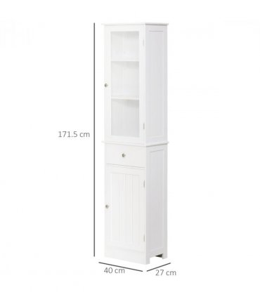 Bathroom Storage Cabinet White 40cmx27cmx171.5cm 3-tier Shelf Drawer Glass Door
