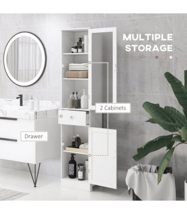 Bathroom Storage Cabinet White 40cmx27cmx171.5cm 3-tier Shelf Drawer Glass Door