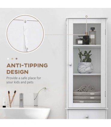 Bathroom Storage Cabinet White 40cmx27cmx171.5cm 3-tier Shelf Drawer Glass Door