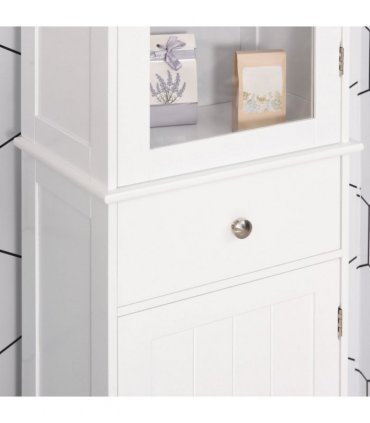 Bathroom Storage Cabinet White 40cmx27cmx171.5cm 3-tier Shelf Drawer Glass Door