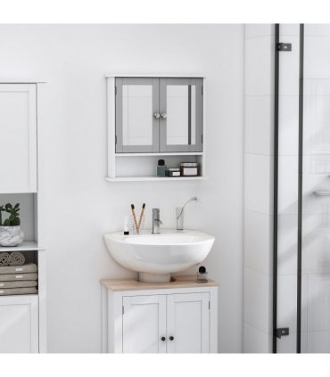 Mirror Cabinet Wall Mounted with Double Mirrored Doors, Hanging Cabinet, Grey