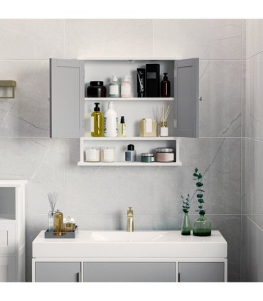 Mirror Cabinet Wall Mounted with Double Mirrored Doors, Hanging Cabinet, Grey