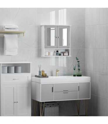 Mirror Cabinet Wall Mounted with Double Mirrored Doors, Hanging Cabinet, Grey