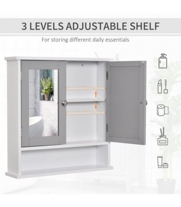 Mirror Cabinet Wall Mounted with Double Mirrored Doors, Hanging Cabinet, Grey
