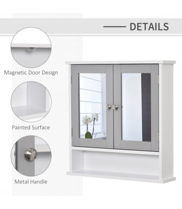 Mirror Cabinet Wall Mounted with Double Mirrored Doors, Hanging Cabinet, Grey