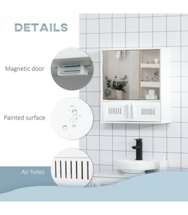 Bathroom Mirror Cabinet White MDF   Storage Cupboard Double Doors