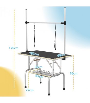 Dog Grooming Table Metal Adjustable Rubber Top 2 Safety Slings Mesh Black