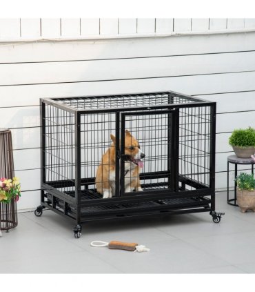 Dog Cage Pet Metal Heavy Duty with Wheels and Crate Tray for Kennel Black M L