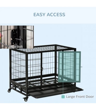 Dog Cage Pet Metal Heavy Duty with Wheels and Crate Tray for Kennel Black M L
